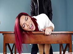 [ Free Tranny XXX ] This redhaired Tranny slut bent over the desk and fucked in the ass
